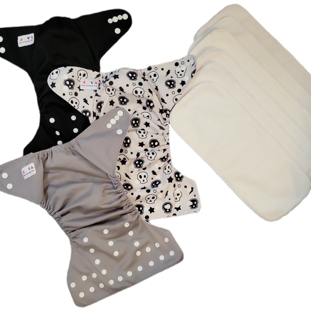 3 ALVABABY reusable cloth diapers Goth Black Gray Skulls with 6 inserts gently